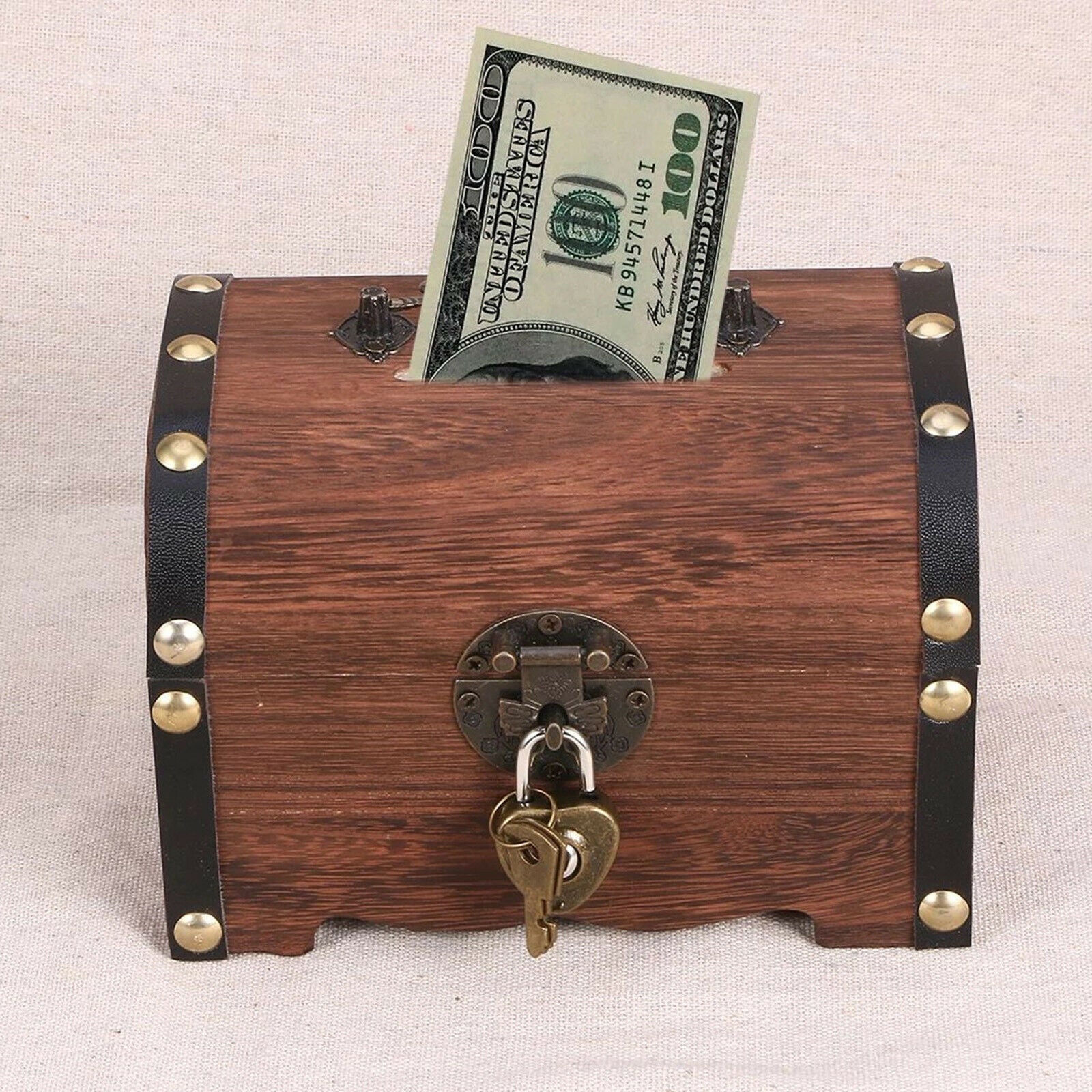 Rustic Wooden Treasure Chest Retro Money Storage Box Bedroom Piggy Bank