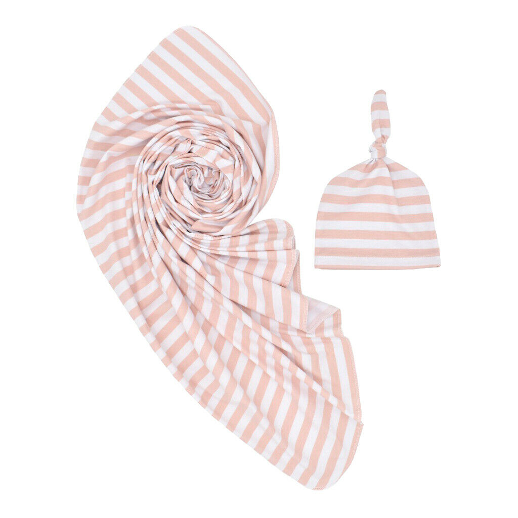Newborn baby striped swaddle sleeping bag with hat set pink