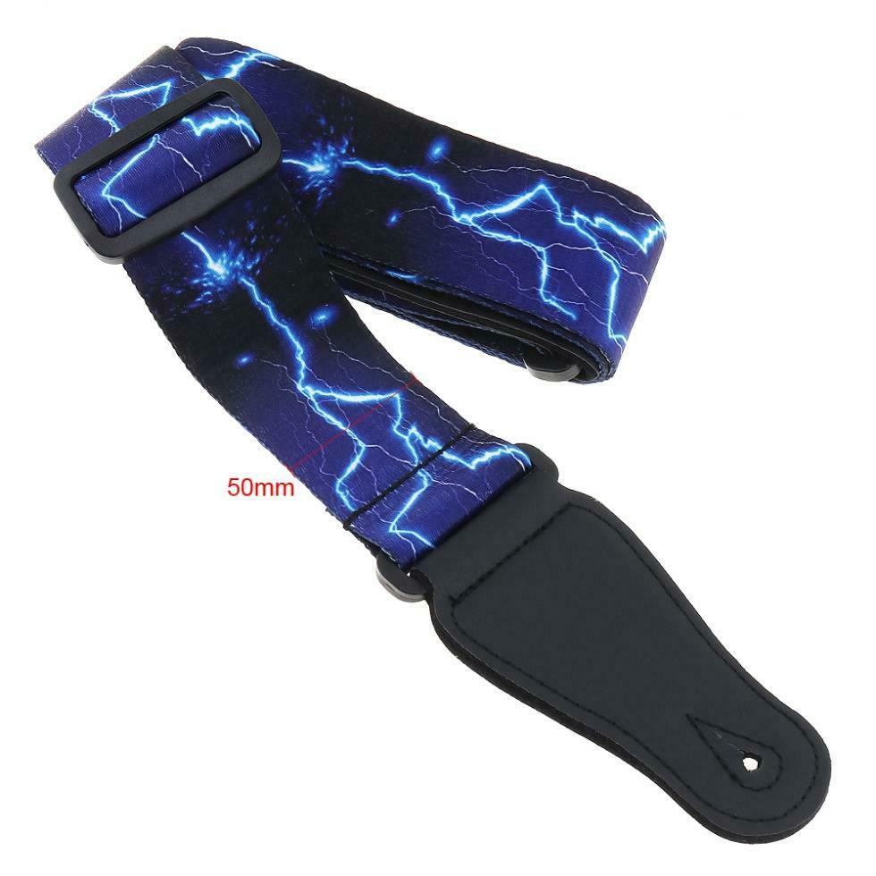 Adjustable Guitar Strap with Blue Lightning Pattern for Acoustic Bass Guitar