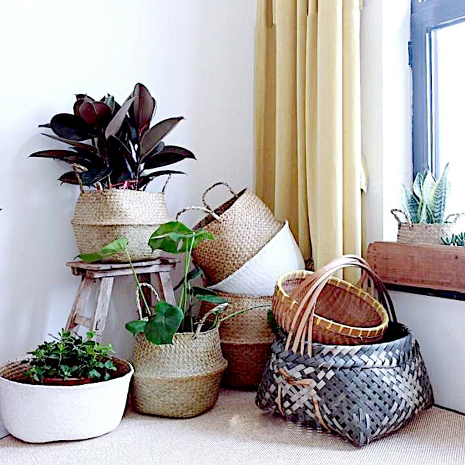 Seagrass Woven Belly Basket Flower Planter Pot Laundry Storage Garden Homes