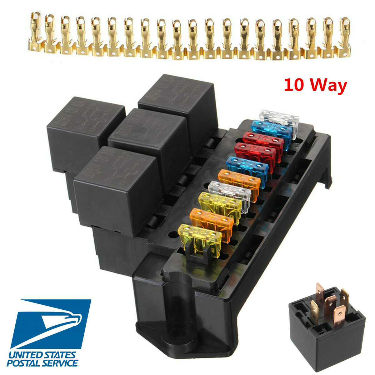 10 Way Terminals Circuit Car Boat ATC ATO Blade Fuse Box Block Holder 12V 80A US