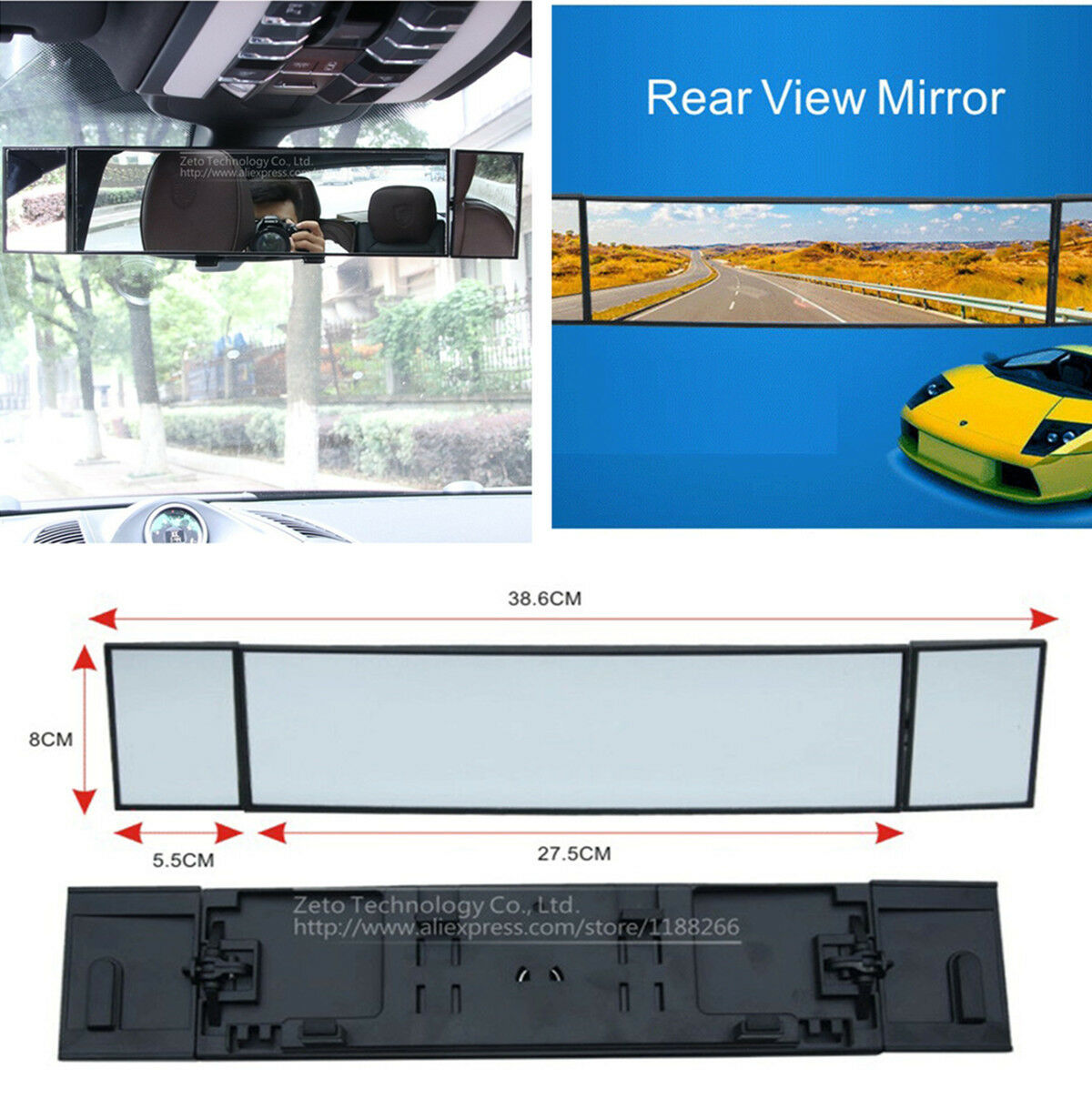 Car Rear View Mirror Wide Angle Panoramic Anti-dazzling Interior Curved Mirror