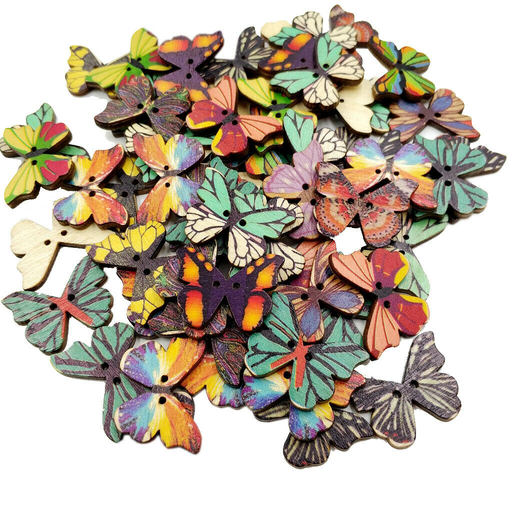 50pcs Mixed Butterfly Wood Buttons Clothing Decor Crafts Sewing Scrapbooking