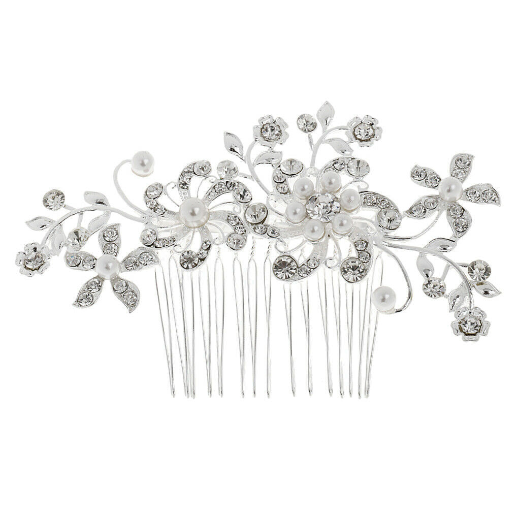 Women Bridal Wedding Flower Crystal Rhinestones Pearls Hair Clip Comb