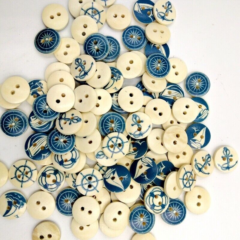 100Pieces Mixed Nautical Wooden 2 Holes Flat Buttons for Sewing Crafting