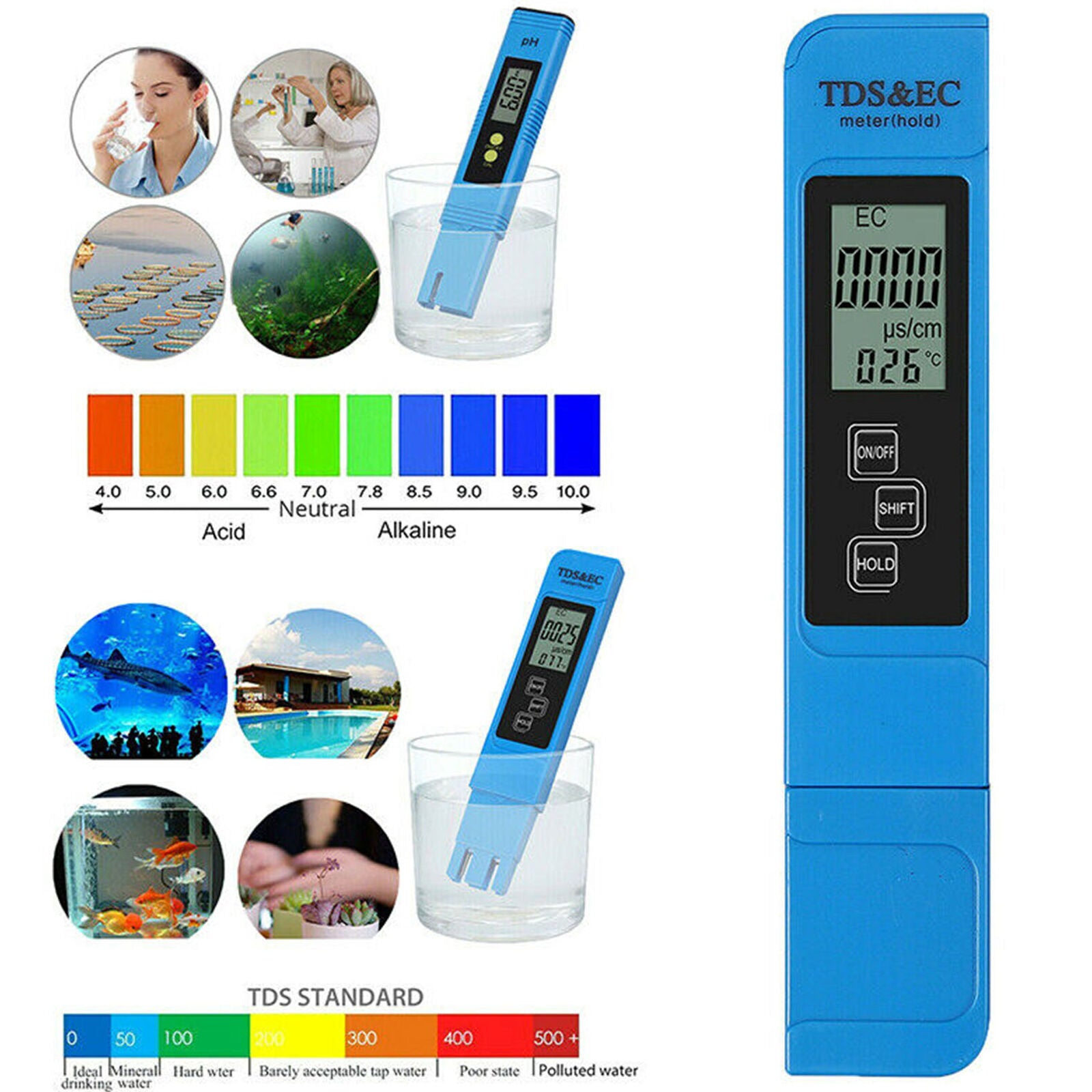 3 In1 Portable Handheld Digital PH Meter/LCD TDS EC Water Purity PPM Tester Pen