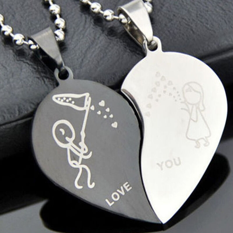 Couple Broken Heart Pendant Black Cord Engrave Love You Choker Necklace  .l8