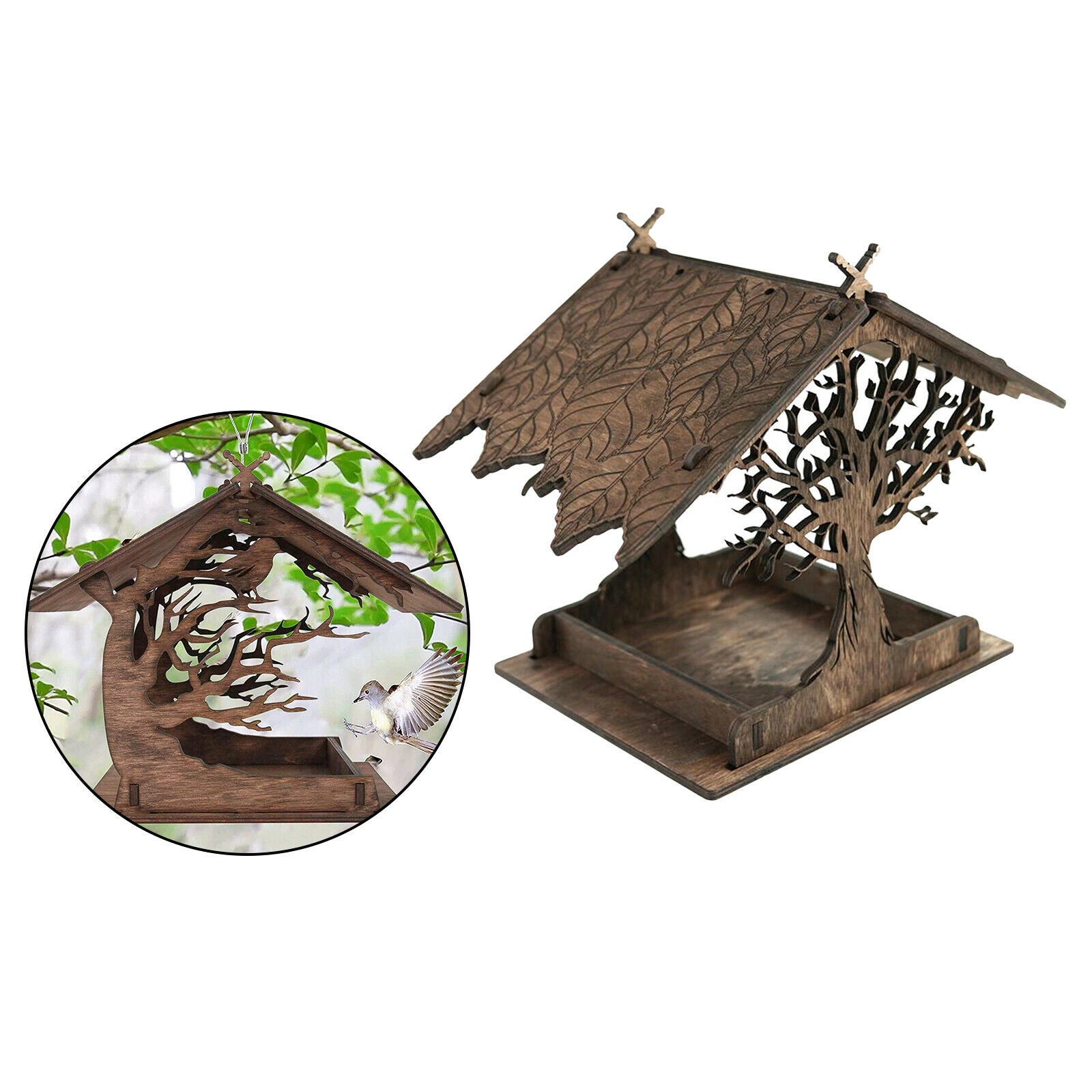 Wooden Birdhouse Bird Feeder Yard Hanging Birds Ornament Feeding Tray Decor