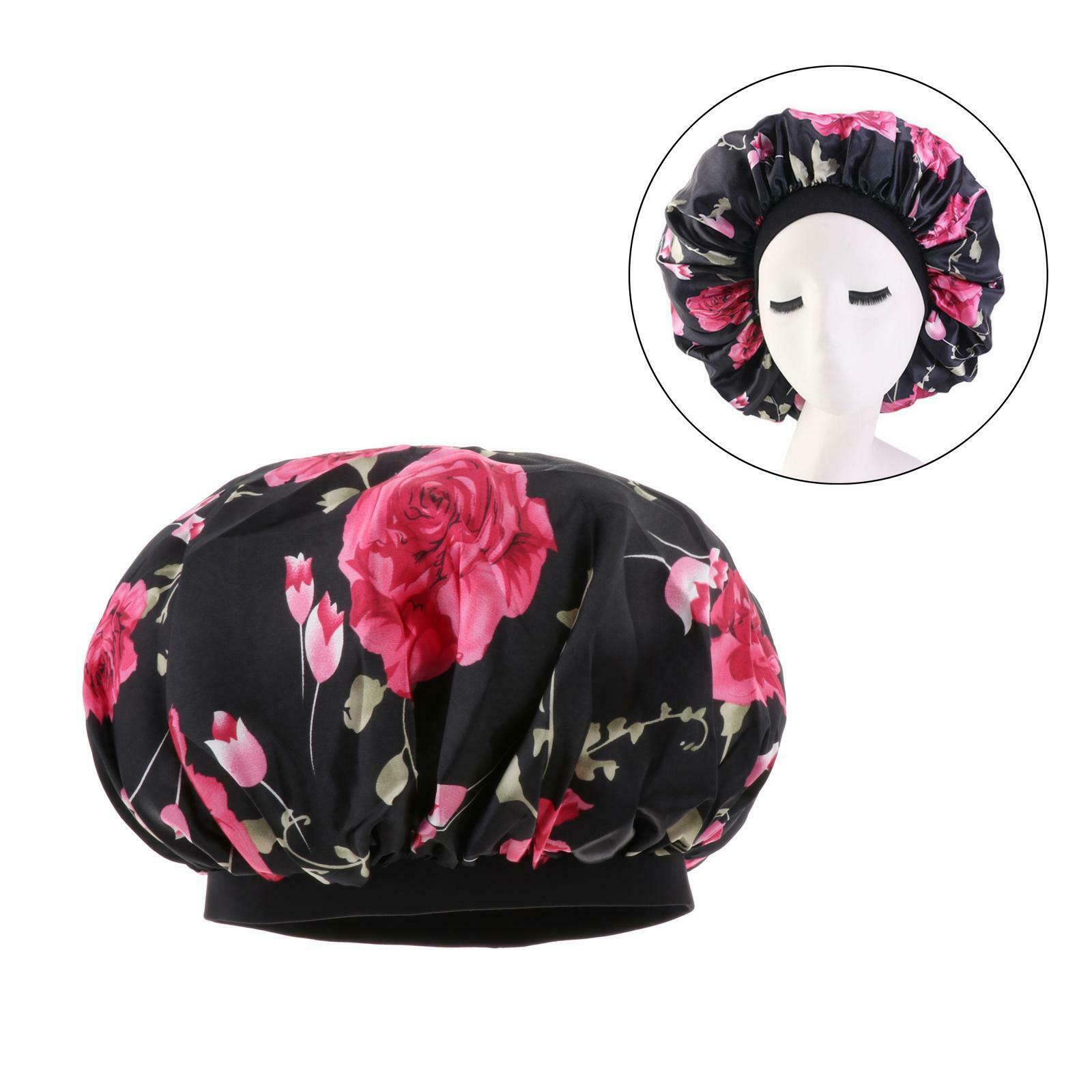 Satin Women Sleep Cap Night Wrap Elastic Sleeping Bonnet Safflower On Black