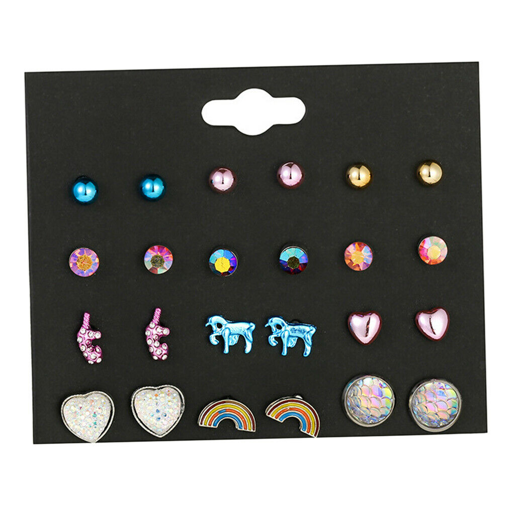 12 Pairs Set Girls Cute Animals Heart Rainbow Unicorn Stud Earrings Set