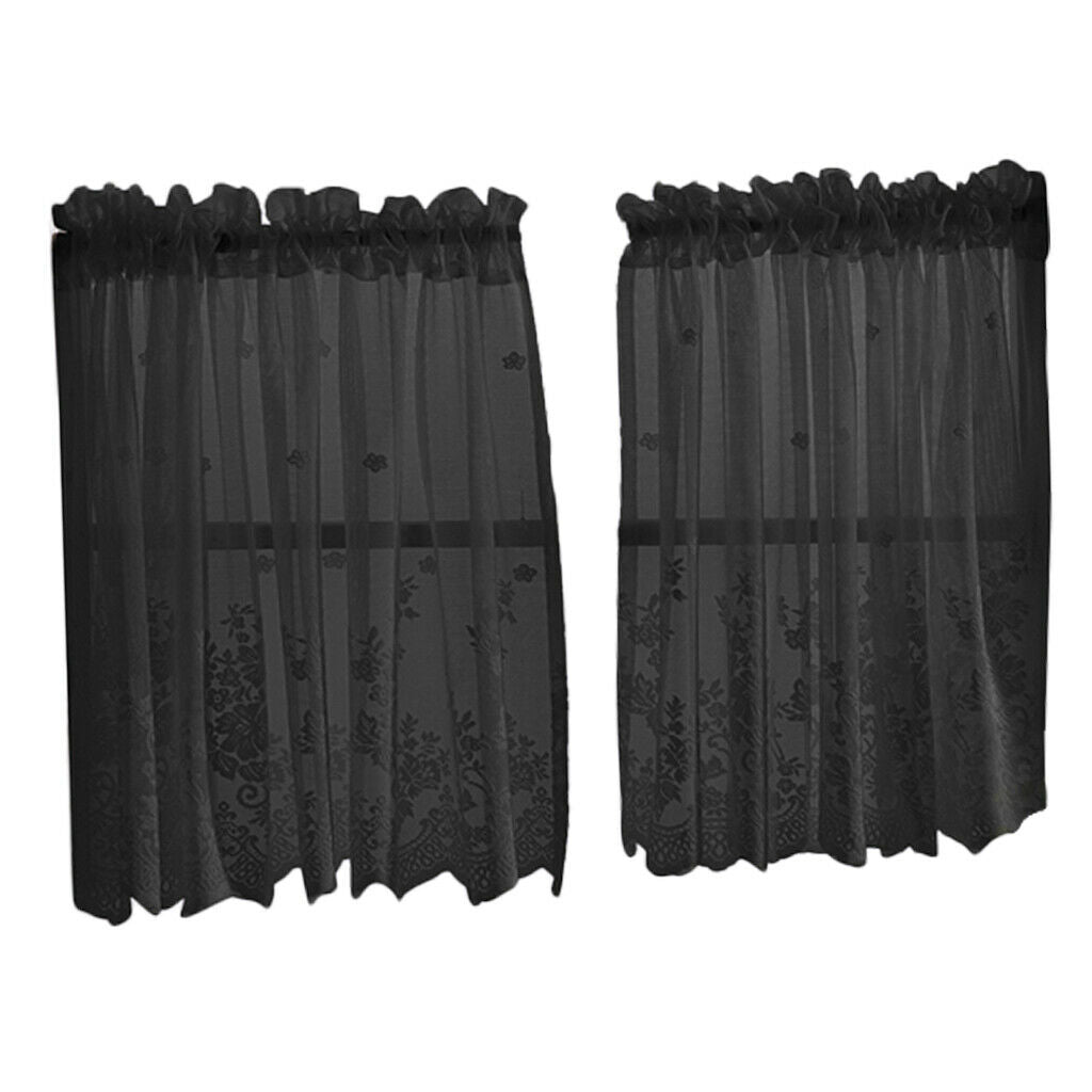 3 Pieces Kitchen Window Lace Curtain Set Embroidered CafÃ© Curtain Black_1