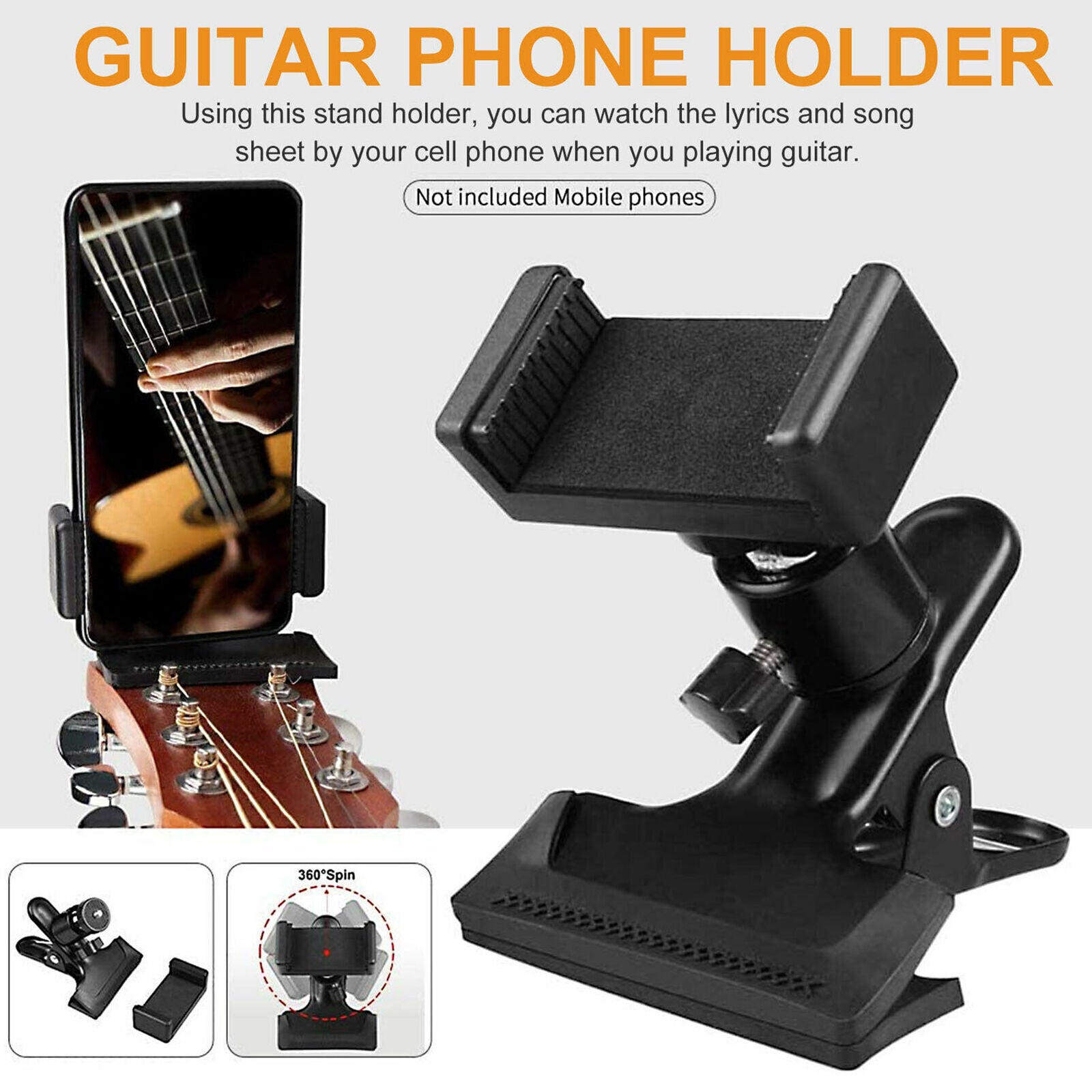 360°Guitar Headstock Mobile Phone Holder Bracket Stand Cell Phone Clip Clamp