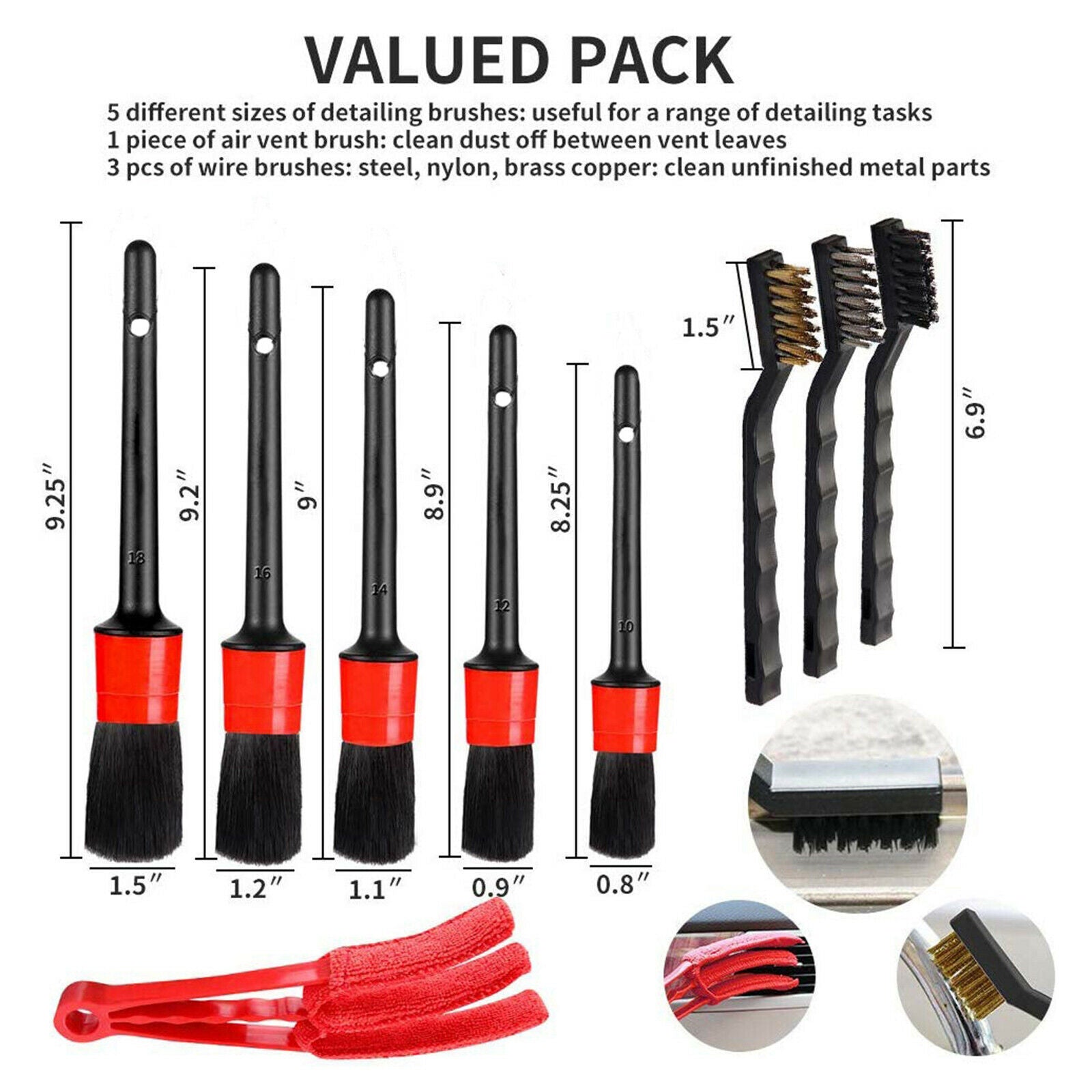 9Pieces Car Detailing Brush Kit Auto for Wheel Detail Clean Brush Cleaning