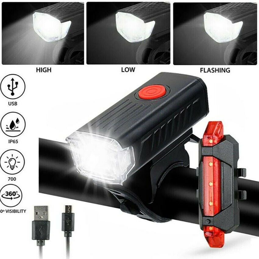 Rechargeable Bicycle Bike Headlight Rear Taillight Set USB LED Light Front Lamp