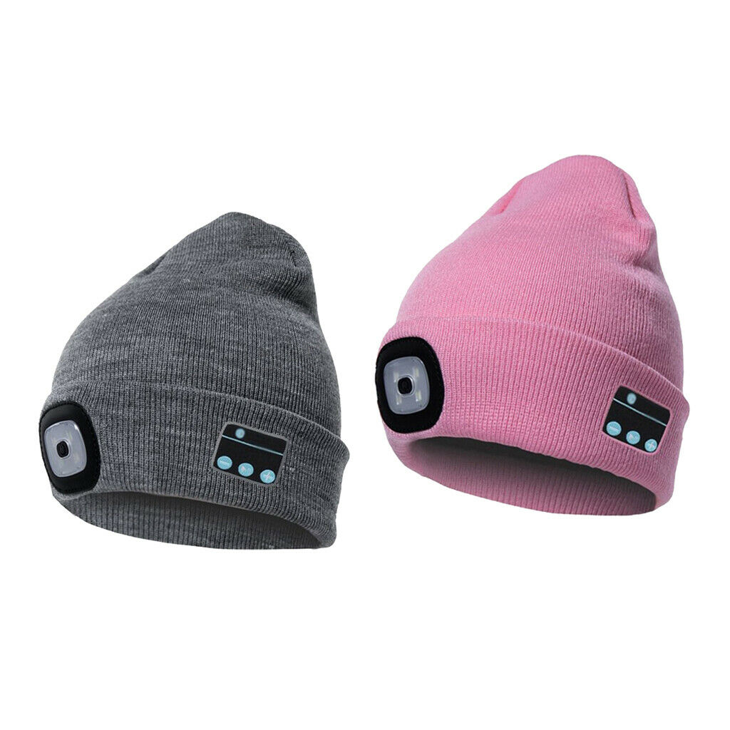 2Pcs Pink+Gray Unisex Bluetooth Beanie Hat Warm for Winter Outdoor Fitness