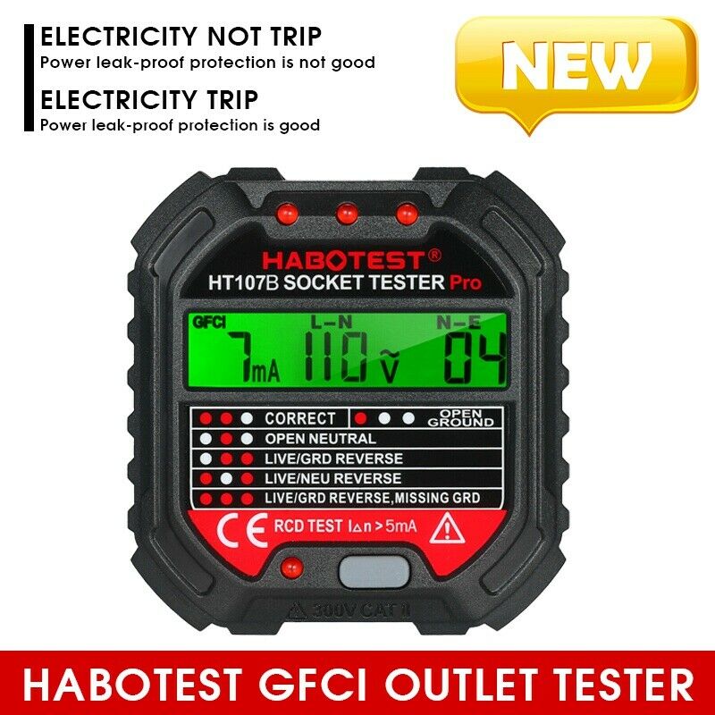 1PC 90-250V HABOTEST GFCI Outlet Tester W/ Voltage Display Socket Tester US Plug
