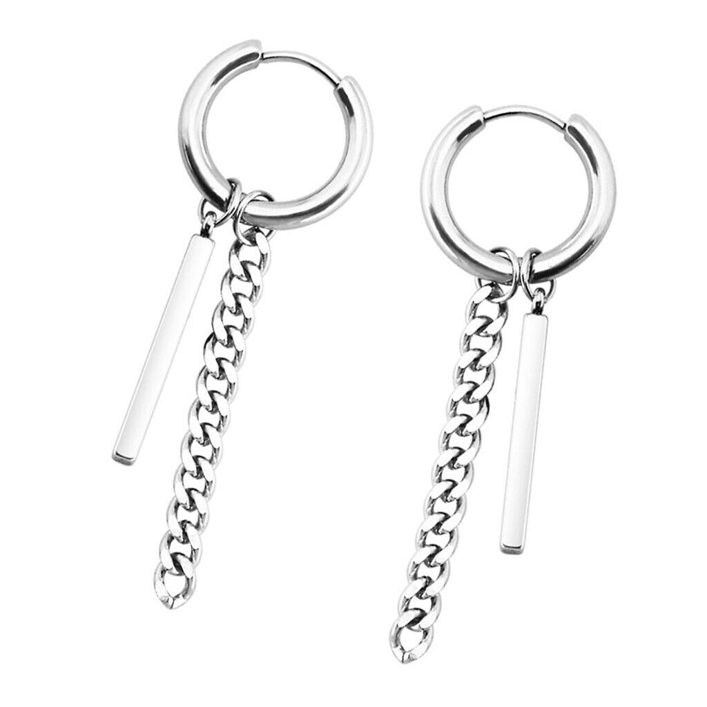 Prettyia Stainless Steel Hip Hop Bar Long Chain Dangle Earrings Tassel Studs