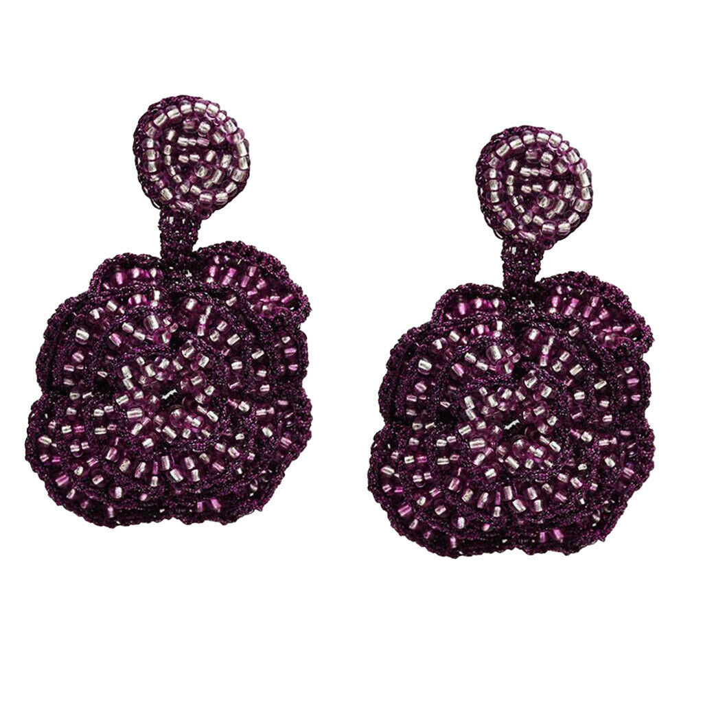 Exaggerated Rose Flower Dangle Earrings Beads Exquisite Studs Jewelry Purple