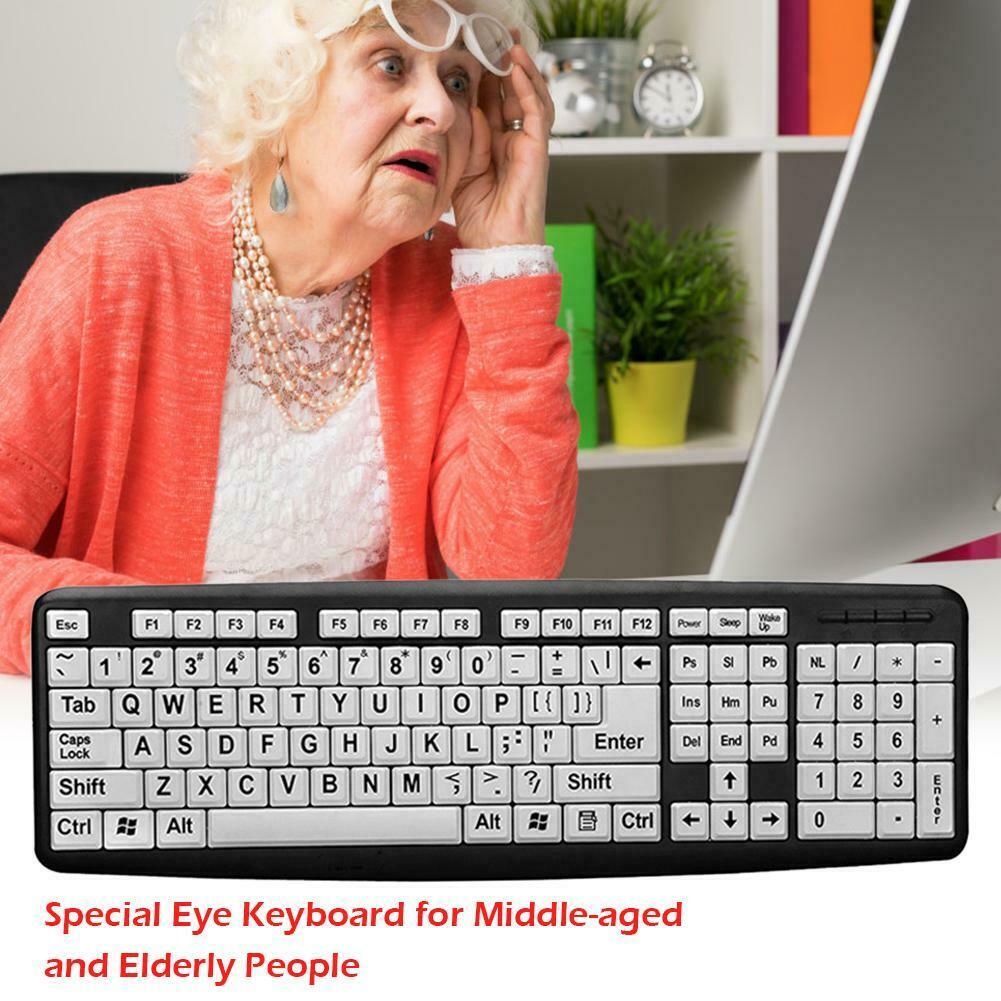 107 Keys USB Wired Large Print White Keys Black Letter Keyboard for Elderly Old