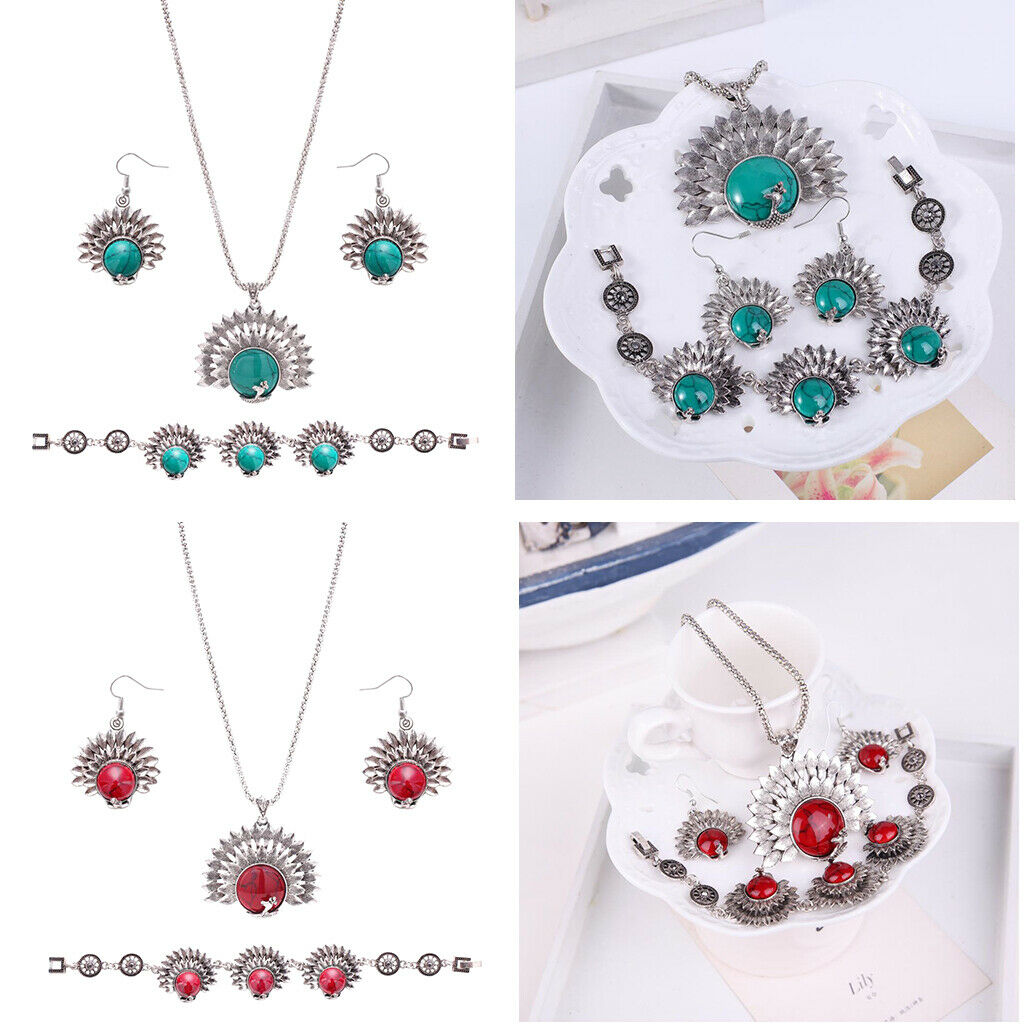 Turquoise Stone Pendant Necklace Earrings Bracelet Jewelry Set Peacock Green