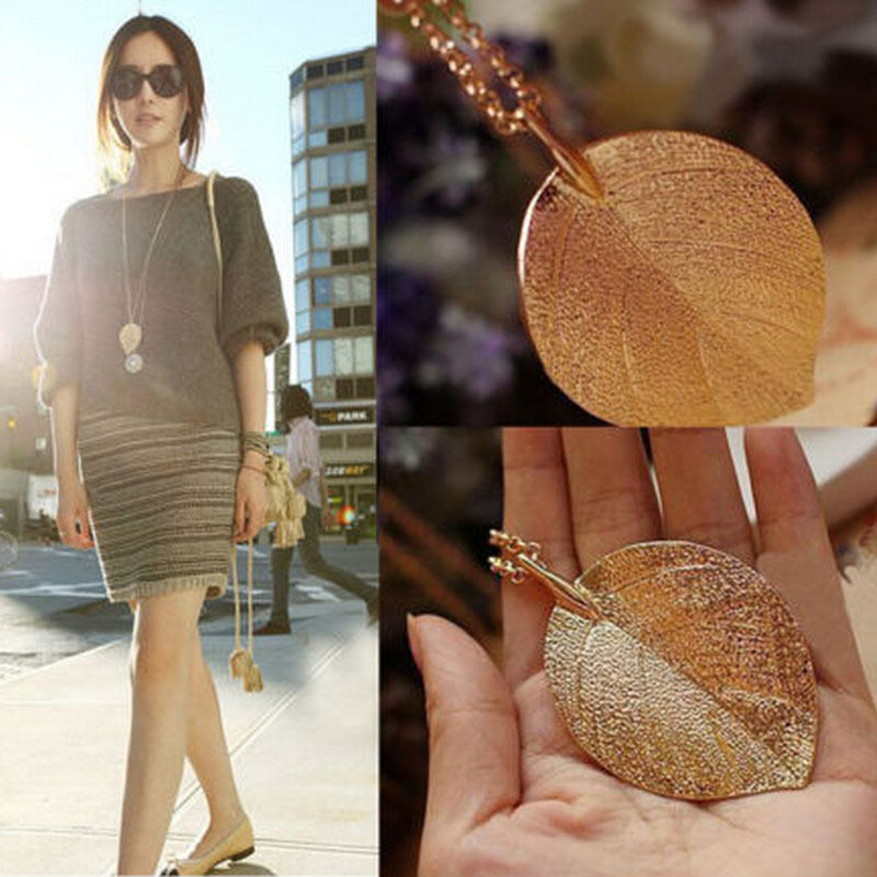Women Graceful Golden Leaf Exquisite Pendant Necklace Long Sweater Chain BDAUDD