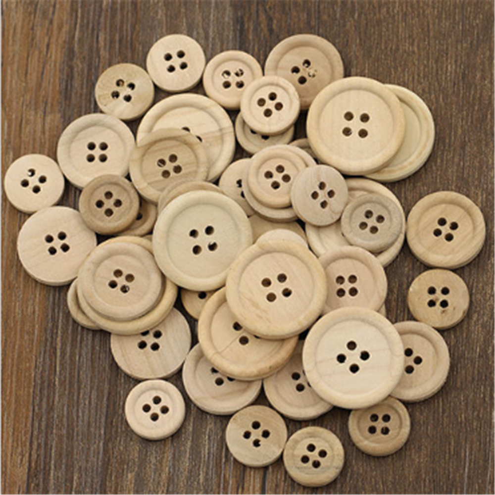 50 PCS Mixed Wooden Buttons Natural Color Round 4-Holes Sewing Scrapbooking Set