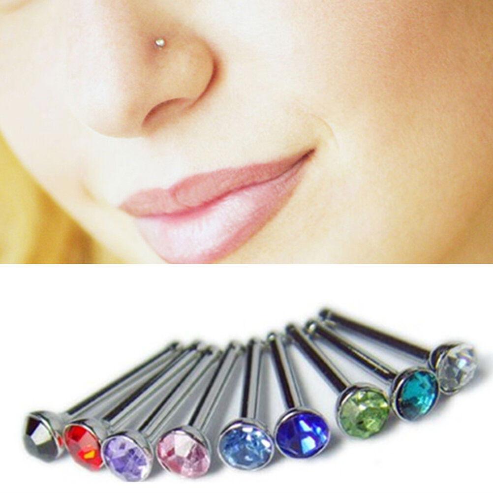 10pcs Crystal Rhinestone Nose Ring Bone Stud Stainless Body Piercing Jewel.l8