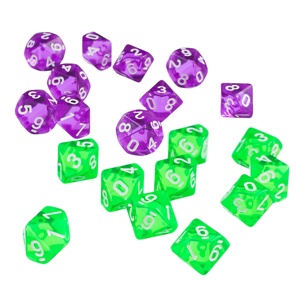 20x 10 Sided Dice D10 Transparent Polyhedral Dice For D&D RPG Green&Purple