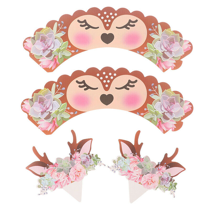 24sets Deer Border Wrapper Flower Card Toppers Wedding Christmas Cupcake De DF
