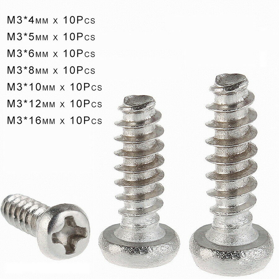70Pcs M3* 4-16mm Pan Head Self Tapping Phillips Screws Flat Tail Set Ni-Plated