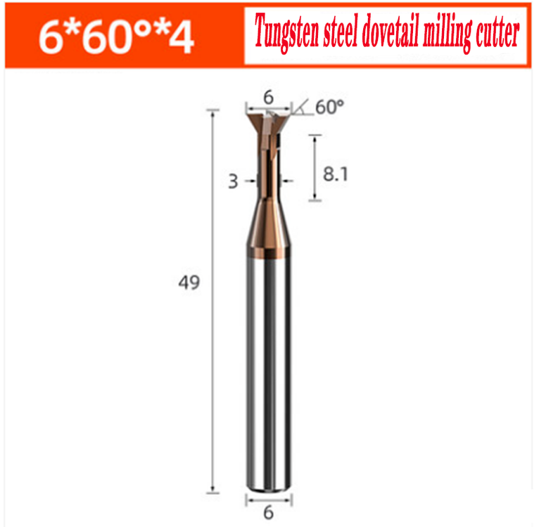 1pc 55°Carbide Tungsten Steel Dovetail Milling Cutter 60° Chamfering 6*49*6*8.1