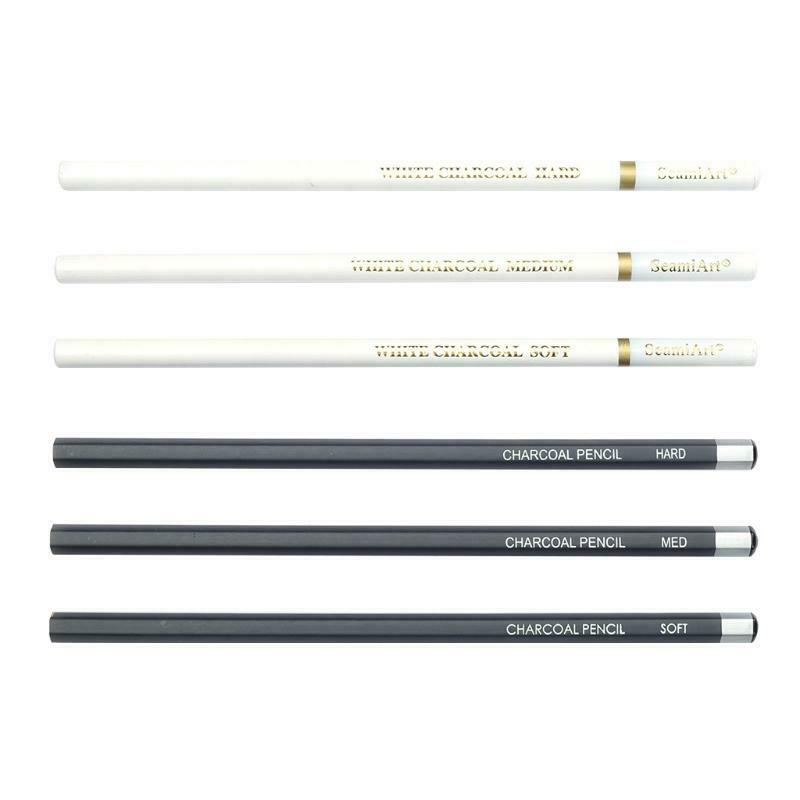 6 Pcs Professional Charcoal Pencils Set 3Pcs White 3Pcs Black Soft/Medium/Hard
