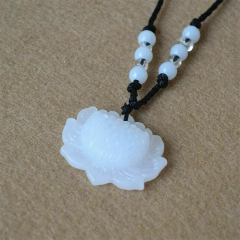 2PCS Natural White Jade Lotus Pendant Necklace Fashion Lucky Charm Unisex Gift