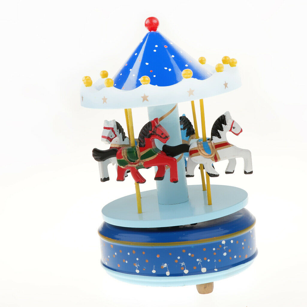 Wooden Merry-GO-Round Carousel Music Box  Wind Up Music Box  Blue with Dot