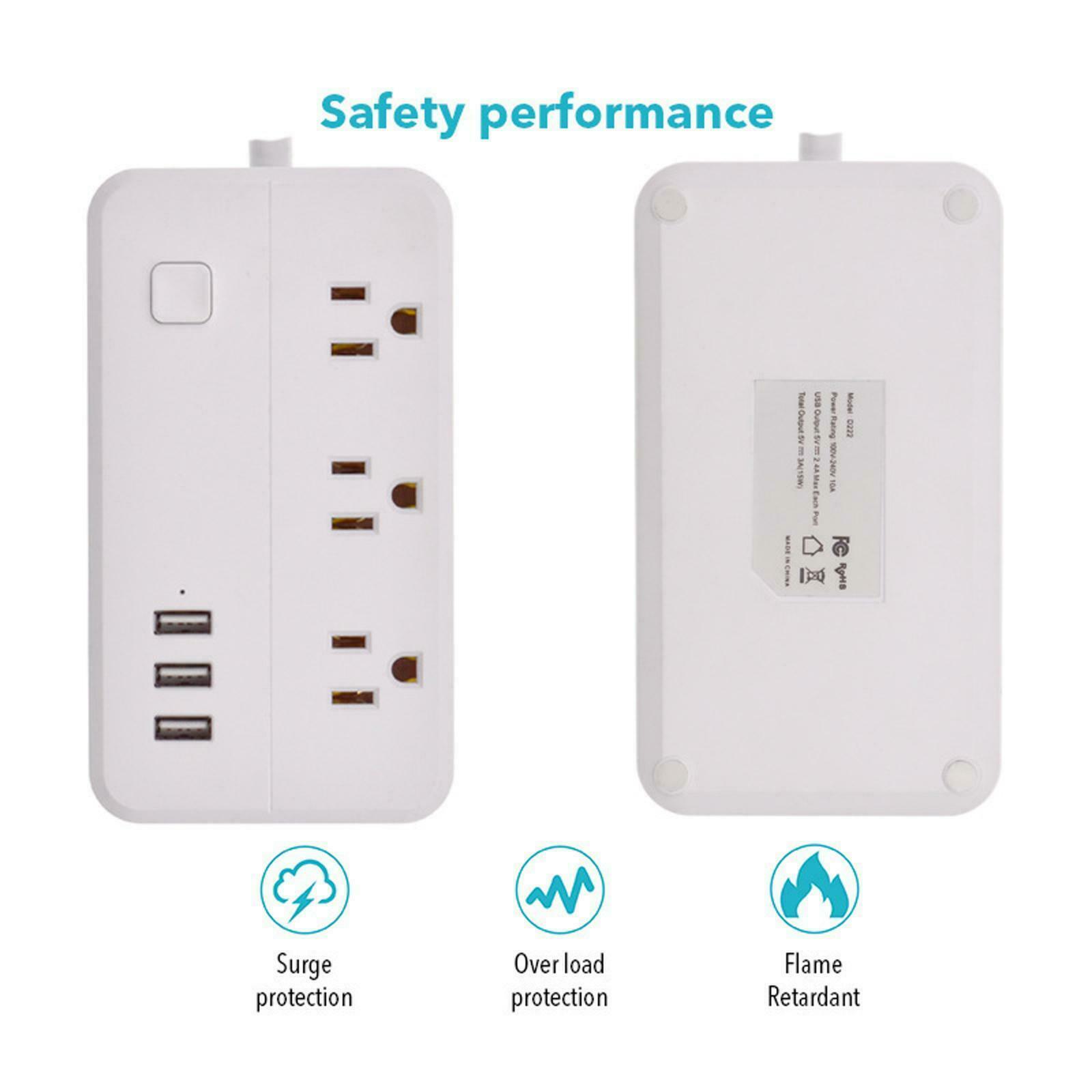 3 Outlet Plugs 3 USB Ports Power Strip Surge Protection Charging Station
