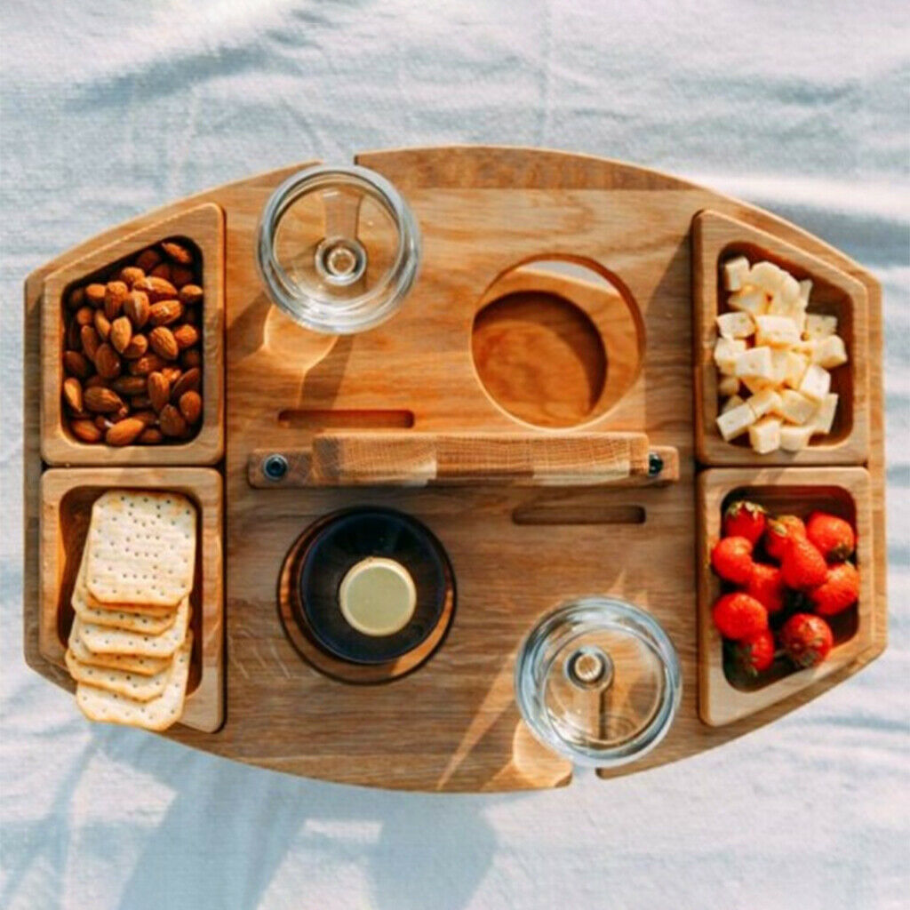 Portable Wood Picnic Desk Detachable Table Wine Glass Rack Camping Plate
