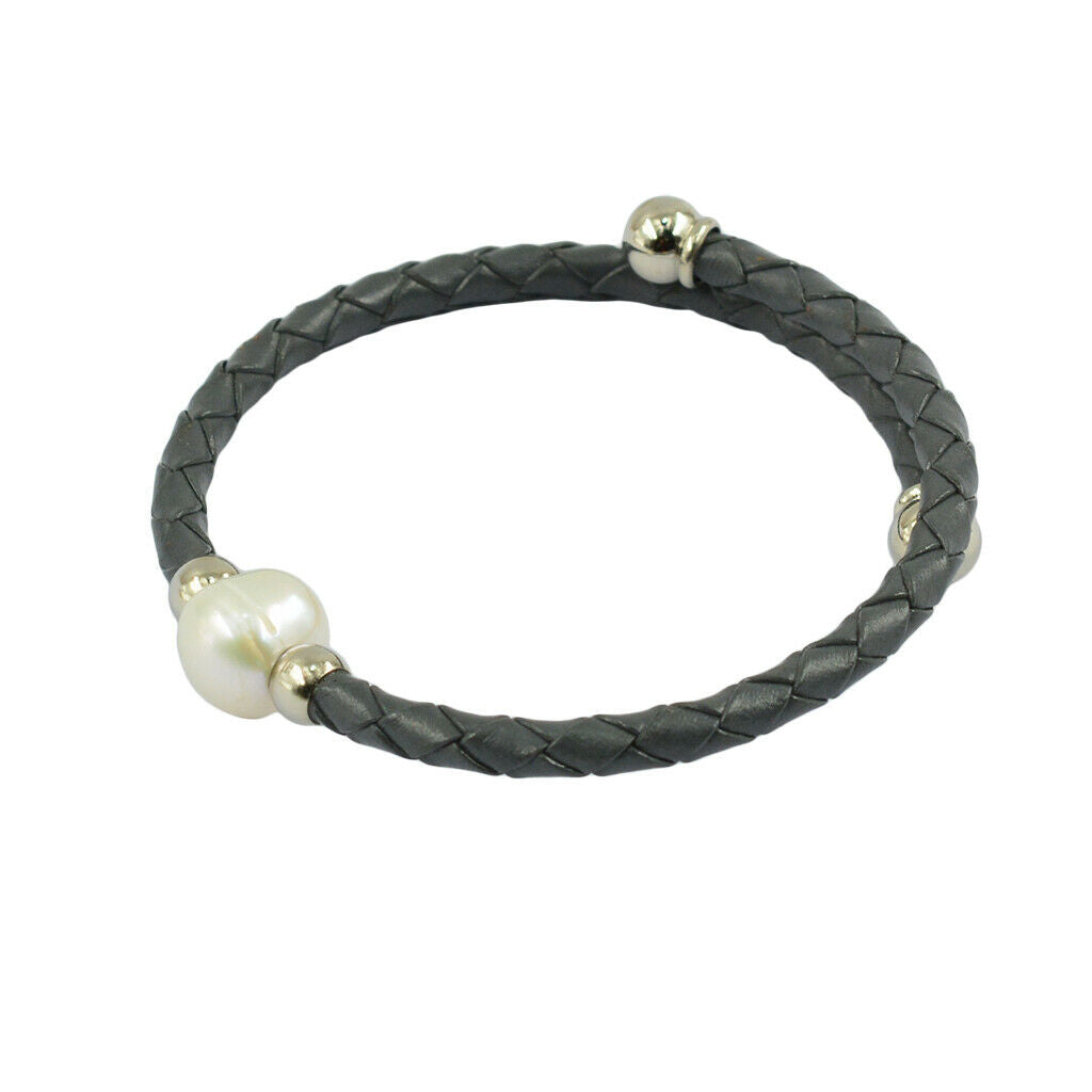 Handmade Leather Braide Rope Fresh Water Peal Wrap Bangle Bracelet Dark Grey