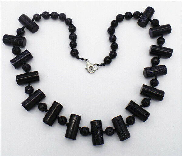 1 Strand 20x10mm/8mm Women Blue Sand Stone Cylinder Beads Necklace HH7309