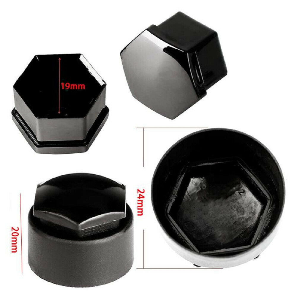 20 Car Wheel Nut Bolt Head 19mm Black Covers Caps Plastic Hexagonal Protectors