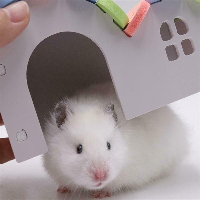 Hamster Wooden House Colorful Roof Nest Small Animals Natural Wood Play Hut