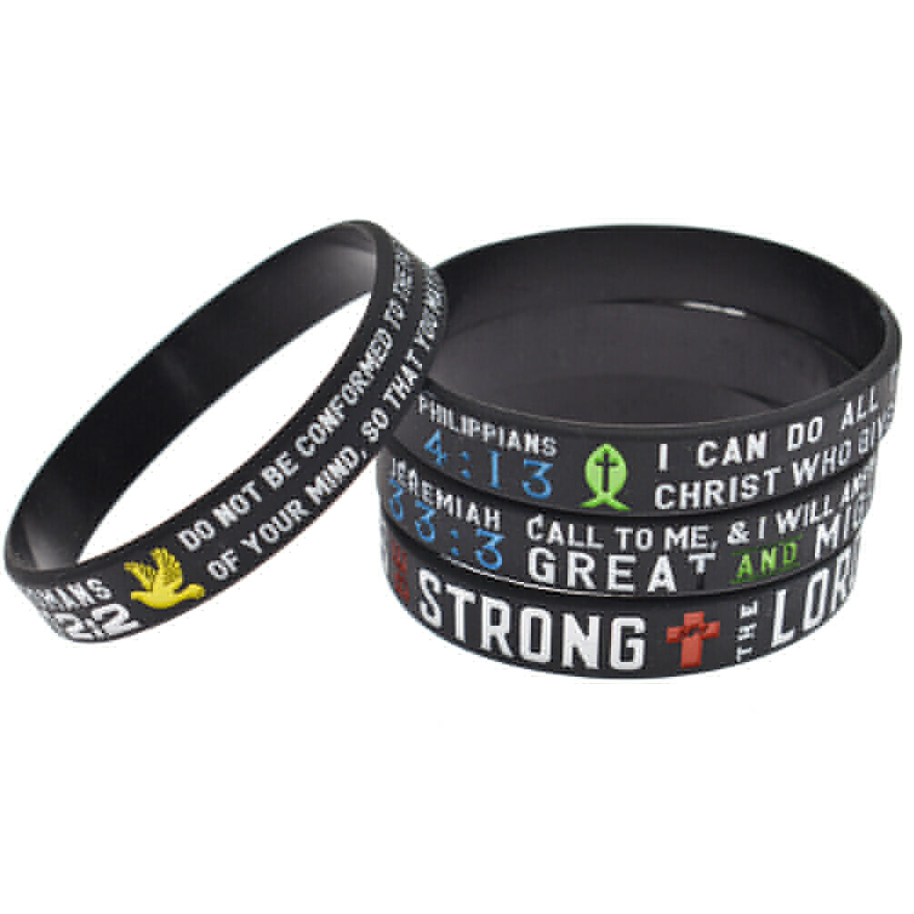 4Pcs Bible Verse Black Silicone Wristband Bracelet Unisex Rubber Bangle Fashion