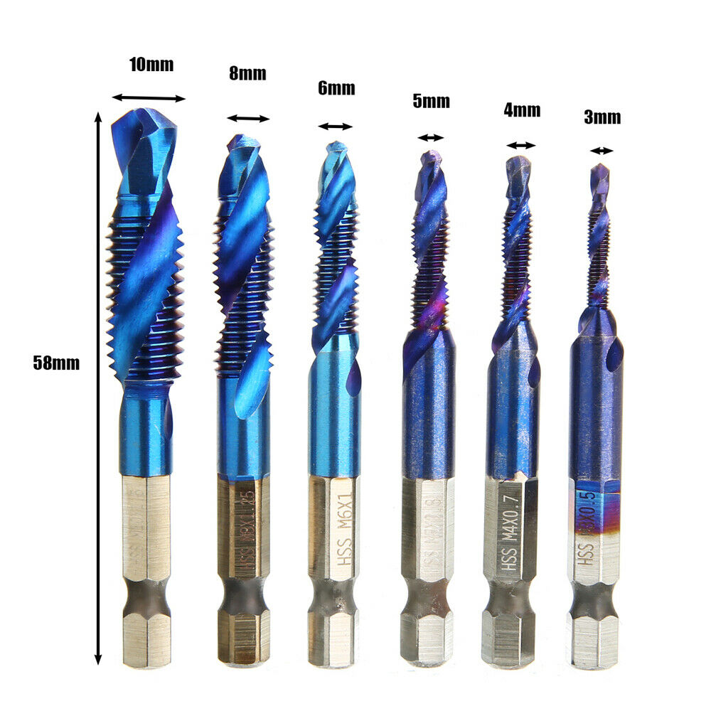 6PCS Hand Tap Drill Bits HSS Screw Spiral Point Thread High Speed Steel Hex