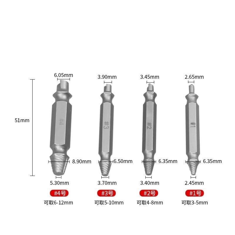 4 PCS Broken Bolt Damage Screw Remover Extractor Drill Bits Stud Reverse Set