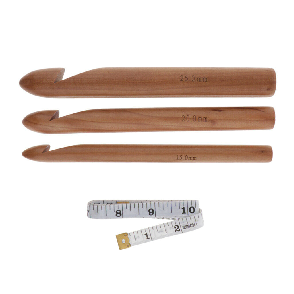 3pcs Wooden Large Chunky Crochet Hook Needle with Sewing Soft Tape DIY Craft