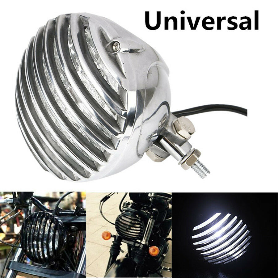 Motorcycle Finned Grill Led Headlight High Low Beam ForCafe Racer Bobber Chopper