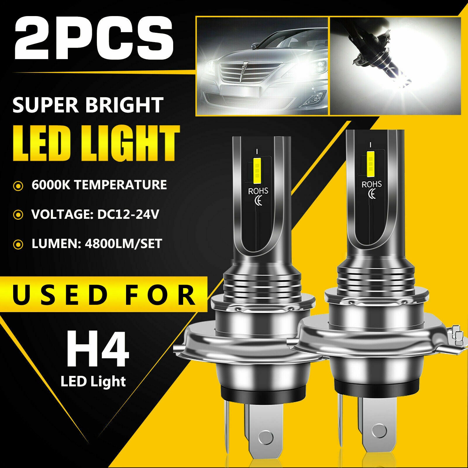 Pair H4 9003 80W LED Headlight Bulbs Kit High Low Beam Super Bright 6000K White