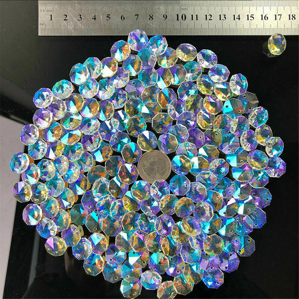 100x AB Aurora Octagonal Bead Crystal Chandelier Suncatcher Prisms Part Pendants