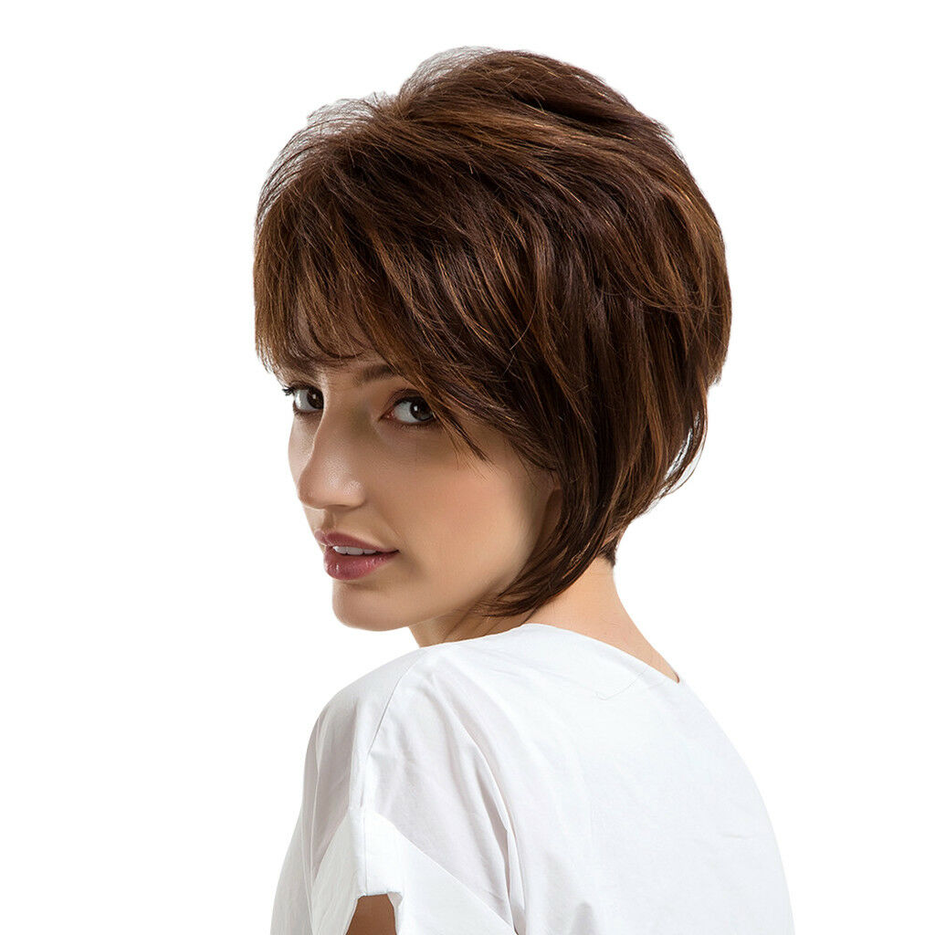 Short Human Hair Wig Deep Brown Color Layered Curly Wig Daily Party Heat OK
