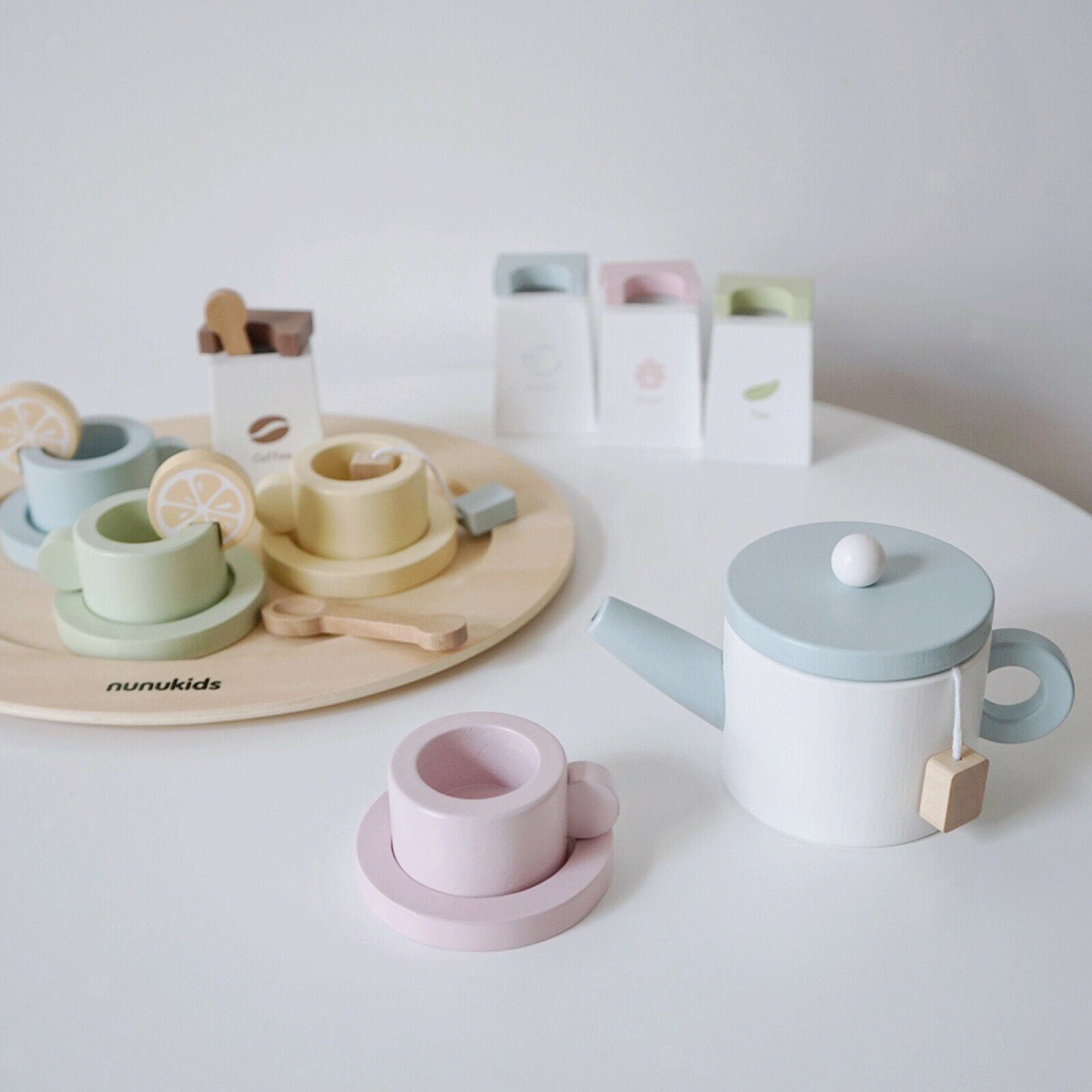 Coffe Cup, Scoop, Tray, Saucers, , Wooden Tableware Set Kids Pretend