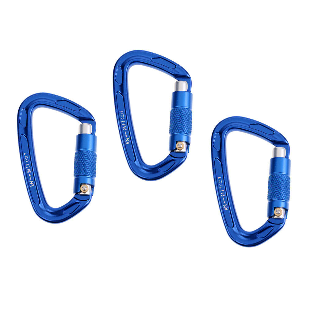 3 Pieces 24KN Aluminum Rock Climbing Auto Self Locking Carabiner blue